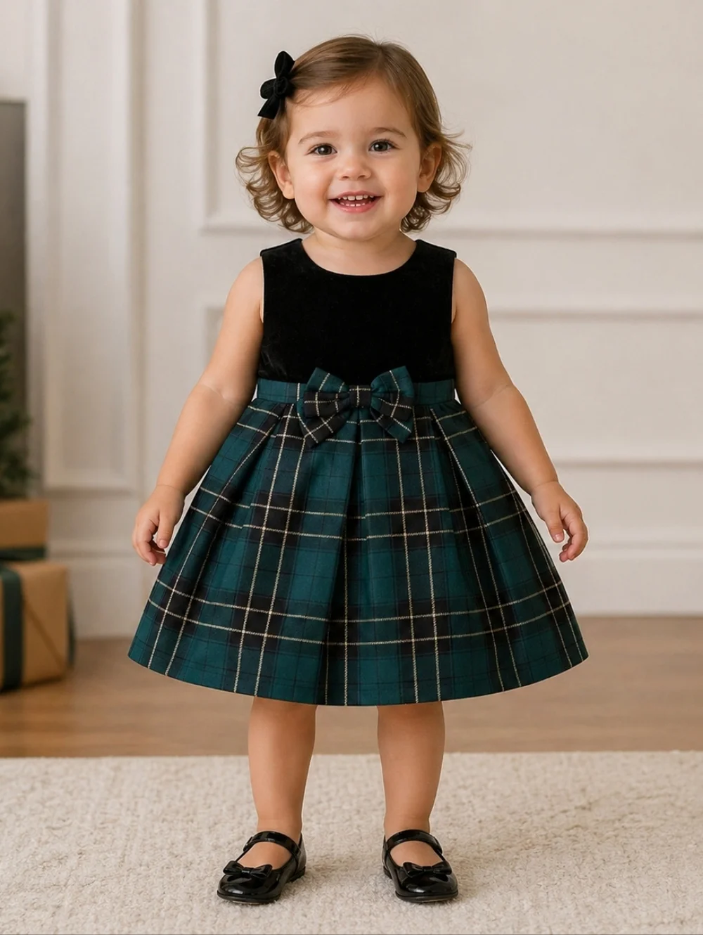 NWOT Toddler The Children's Place Black Velvet & Green/Gold Tartan Hoilday Dress